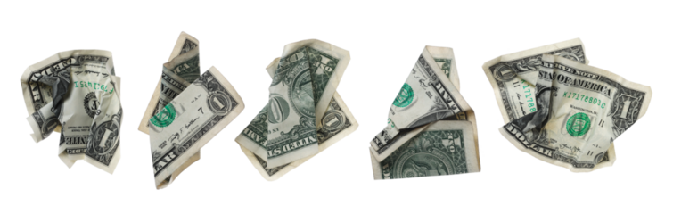 Set one dollar bill flying, crumpled and folded banknote isolated on white background, clipping path