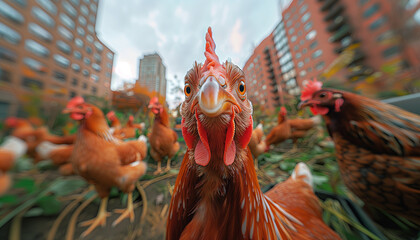 Funny close-up portrait of chicken's head with prominent feathered crest looking at camera lens. Another hens also interest in. Background is blurred, creating focus on chicken's face and comb.