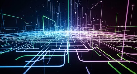 Vibrant neon grid with glowing lines and futuristic technology background