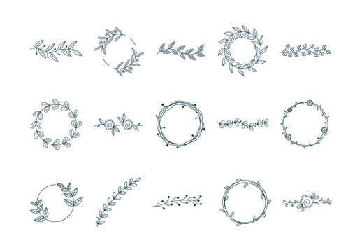 Blue and White Ornamental Botanical Leaves Wreath Illustrations Set