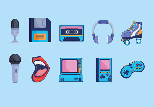 Colorful Retro 90s Devices Illustrations Set