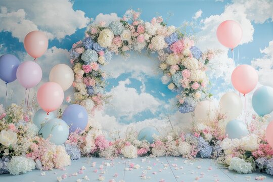 Floral archway and pastel balloons against a whimsical cloudy sky backdrop