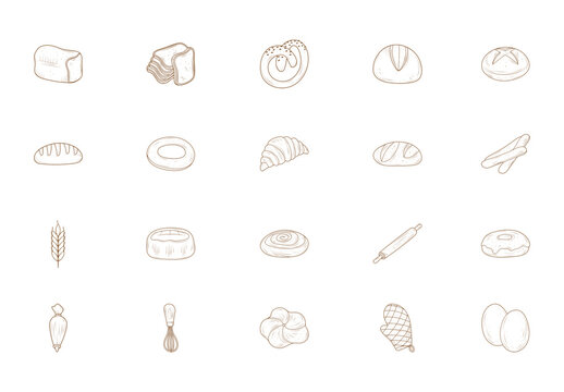 Brown And White Bakery Bread Pastry Illustrations Set