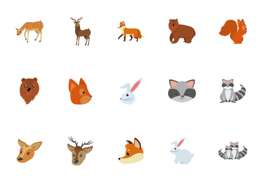 Colorful Forest Animals Icons Set