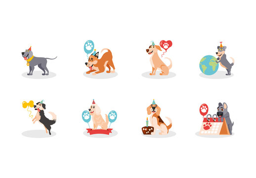 Colorful And Playful Dog Party Celebration Cartoon Illustration Design Set