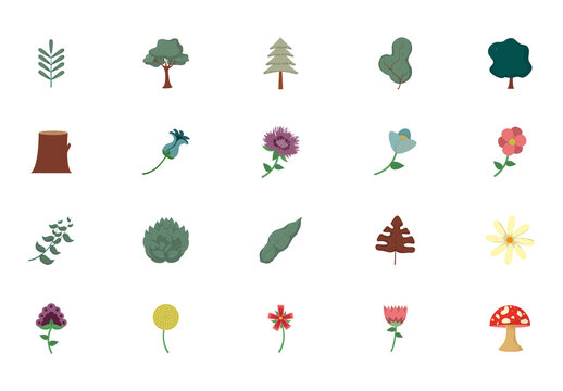 Colorful Floral And Forest Plants Icons Set