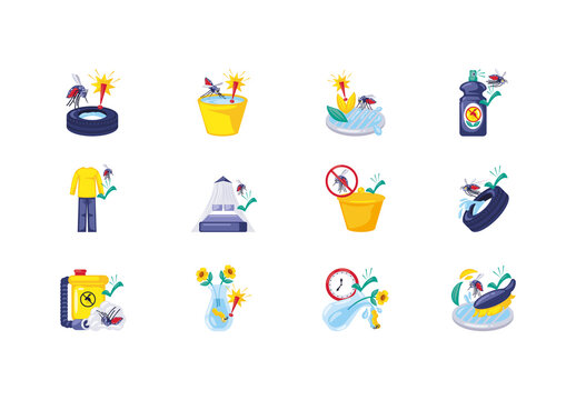 Colorful And Informative Dengue Prevention Health Awareness Flat Illustration Design Set