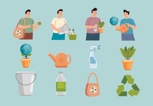 Colorful Environmental Eco Friendly Recycle Illustrations Set