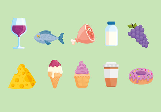 Colorful Food Meal Snack Dessert Illustrations Set