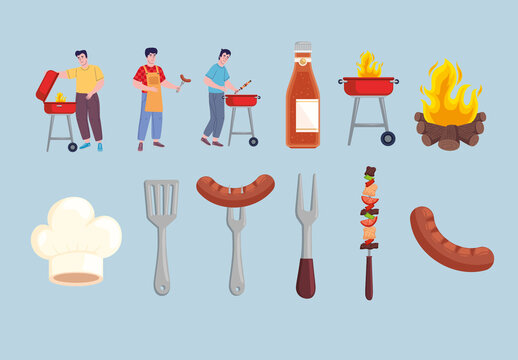 Colorful Grill Barbecue Fire Cooking Illustrations Set