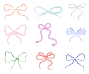 A variety of watercolor, hand-drawn bows and gift ribbons.