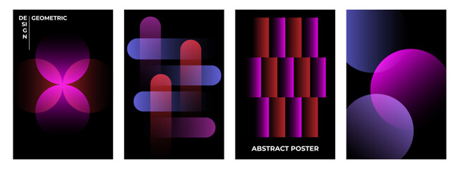 Modern gradient poster background vector set. Minimalist cover template with vibrant perspective geometric prism shapes in motion. Ideal design for social media, cover, banner