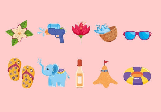 Colorful Songkran Water Festival Illustrations Set