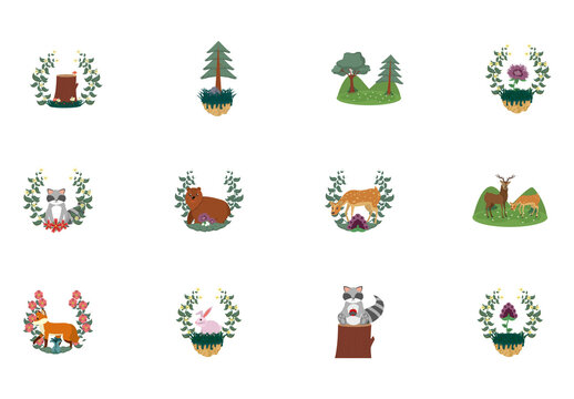 Colorful Woodland Animals Floral Nature Forest Icons Set