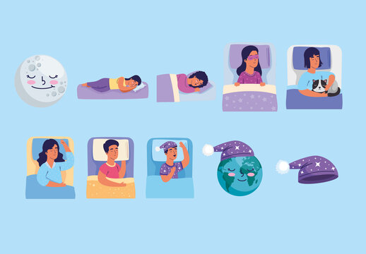 Colorful World Sleep Day Celebration Illustrations Set