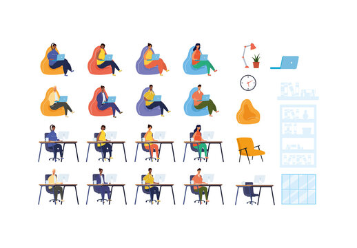 Colorful Work From House Remote Freelance People Illustrations Set