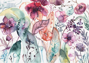 Hand-painted abstract botanical watercolor illustration with delicate flowers and leaves