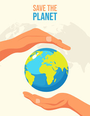 Global Protection: Hands Safeguarding Our Planet Earth. Earth Day.Banner Earth Day with a planet Earth in the blue clouds.
