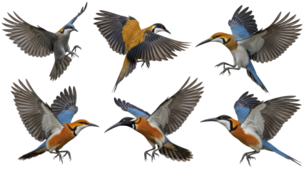 Six vibrant birds in flight, showcasing diverse plumage and dynamic poses against a white backdrop.
