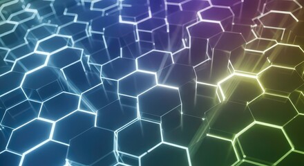 Vibrant neon hexagonal grid with glowing white lines in blue, purple, and green hues