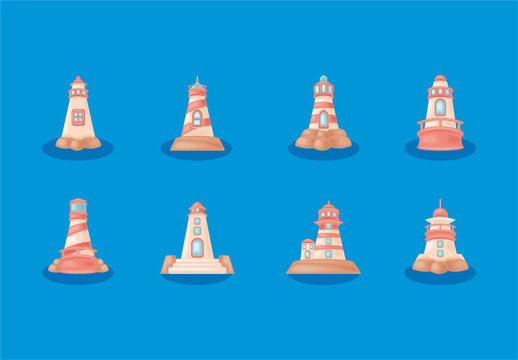Pink And Beige Lighthouse Cartoon Coastal Illustration Design Set