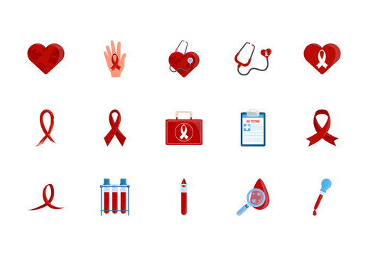 Red And Blue Aids Ribbon Health Medical Awareness Icons Set