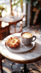 Bright, high-resolution image in cozy cafe setting. Tabletop holds rustic ceramic cup of Cappuccino with latte art beside fresh pastry on plate. Warm lighting and aroma creates tranquil inviting mood