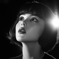 Close-up of sexy Asian woman with short hair, small lips painted by professional visagiste, captured in black-and-white film photography with high contrast, volumetric lighting, cinematic feel.