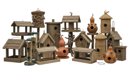 Collection of various wooden birdhouses and feeders, showcasing diverse designs and styles for avian habitats.
