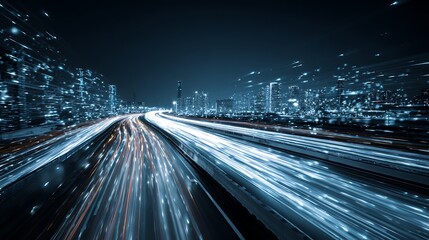 Long exposure shot of a highway filled with vehicle lights heading into a futuristic cityscape