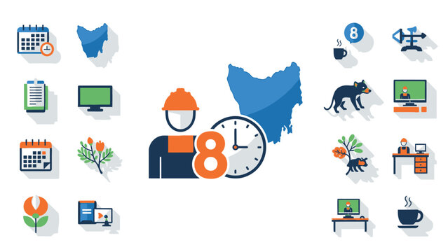Flat of remote work with Tasmanian devil and Australian states