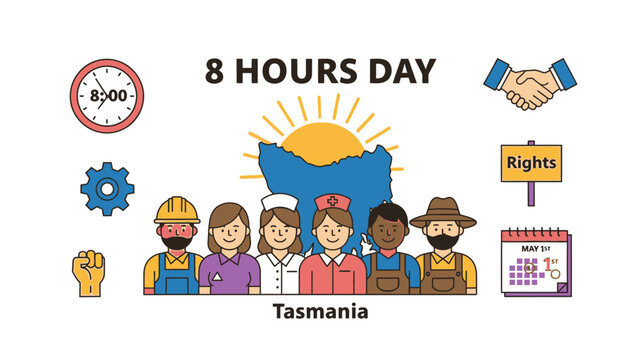 Group of diverse workers celebrating 8 hours day in Tasmania with clock and calendar