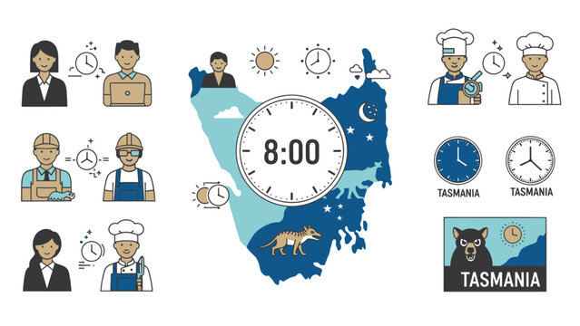Tasmania time zone with people and clocks workers