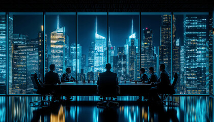 High-end corporate meeting in luxurious boardroom with floor-to-ceiling windows showing night city skyline at dusk as CEO addresses executive team with focused expressions