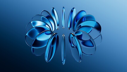 3d rendered round glass shapes with a reflective surface, arranged in shape of a torus, floating on air. Futuristic abstract background featuring blue lenses. Minimalist aesthetic concept