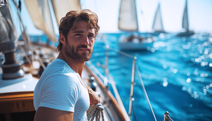 Fit man in his mid-30s, wearing white t-shirt, standing on sailboat deck enjoying a sea. Vibrant blue ocean and sailboats in background, sunlit atmosphere, embodying freedom, adventure, summer vibes.