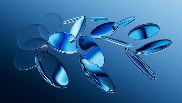 3d rendering. Abstract blue aesthetic background. Round glass lenses with reflective surface, floating on air, arranged chaotically