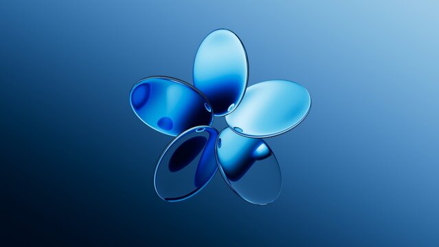 3d rendered round glass shapes with a reflective surface, arranged in shape of a flower, floating on air. Futuristic abstract background featuring blue lenses. Minimalist aesthetic concept
