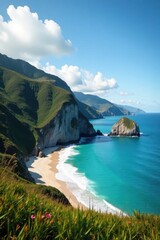 Empty Cathedral Cove, New Zealand, summer, panoramic view, majestic, sunny, day