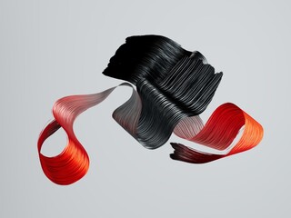 Minimal flowing ribbon in black, red, and gray, with a subtle elegant twist, featured on a light background. 3D render illustration.
