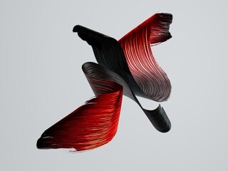 Twisted streaks in red and black, forming an energetic, sculptural motion effect, isolated on a clean backdrop. 3D render illustration.