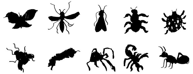 Vector set of 10 hand-drawn naive style insect silhouettes: butterfly, ant, spider, scorpion, and bugs © Parakhat