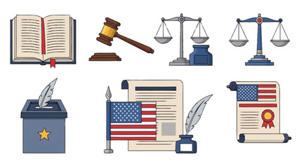 Open book, gavel, scales, ballot box, American flag, certificate justice