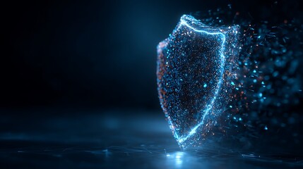 Glowing digital shield composed of particles, representing protection and data security