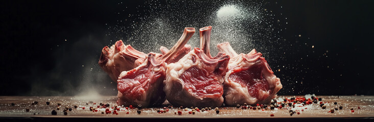 Greeting banner showcasing raw lamb chops with salt and pepper on table, captured in high-resolution with insanely detailed textures, fine details, professional color grading, award-winning compositio