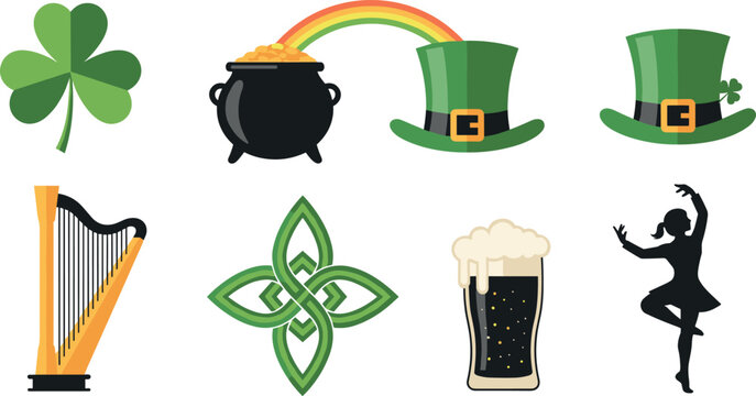 St patricks day icons including shamrock, leprechaun hat, harp, and beer