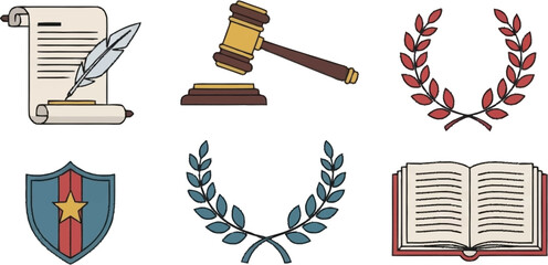 Set of six illustrated symbols including a scroll, gavel, book, shield, and laurel wreaths