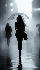 Girl walking in rain with silhouette under umbrella against moody street, captured from behind in monochrome by street photographer, featuring high contrast, foggy atmosphere, and moody cinematic feel