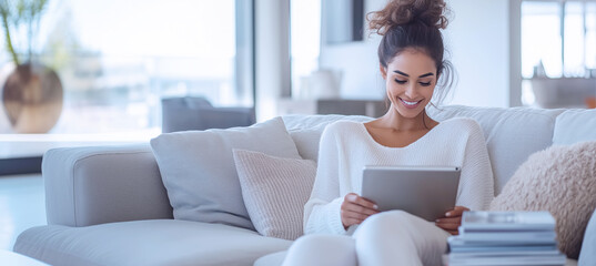 Happy young woman sitting on sofa in modern white living room, using Tablet computer to view  content surrounded by bright natural light. Beautifull people and modern technology concept image.