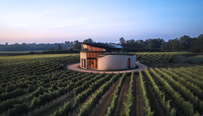 Modern winery architecture amidst green vineyards under clear blue sky. Stone design with contemporary curves in serene rural landscape. Aerial view highlights symmetry vibrant greenery and innovation
